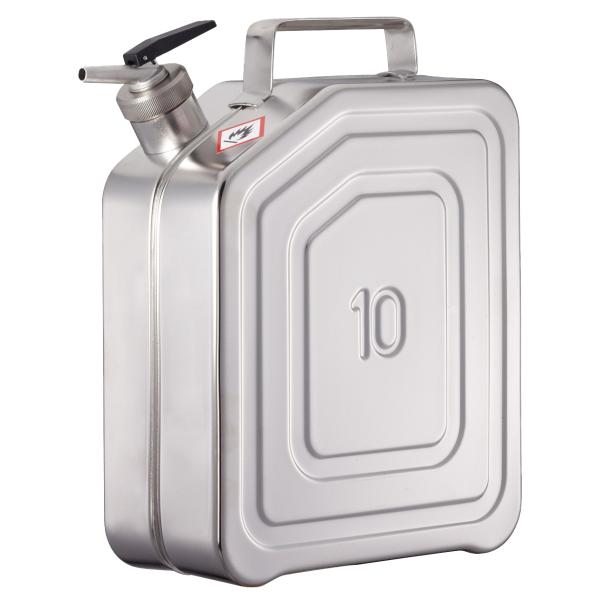 Safety jerrycans stainless steel, with fine dosage spout, 10 l